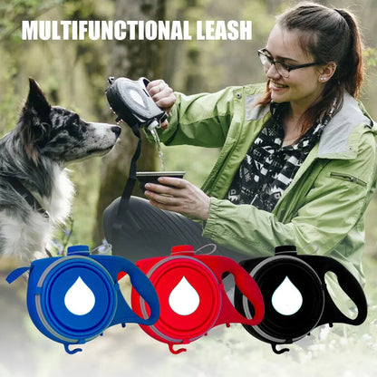 Pet+ presents Multifunctional Pet Leash With built in water bottle, collapsible bowl, waste bag dispenser, and hook for used bags | Pet Accessories | Smart Pet Supplies