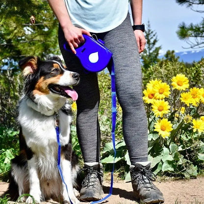 Pet+ presents Multifunctional Pet Leash With built in water bottle, collapsible bowl, waste bag dispenser, and hook for used bags | Pet Accessories | Smart Pet Supplies