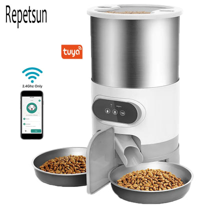 Pet+ presents Smart Wi-Fi Pet Feeder | Single Feeder | Double Feeder | Button and App (Android and IOS) Operated | For Dogs and Cats