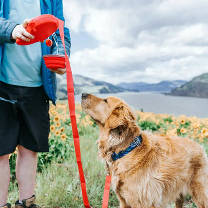 Pet+ presents Multifunctional Pet Leash With built in water bottle, collapsible bowl, waste bag dispenser, and hook for used bags | Pet Accessories | Smart Pet Supplies