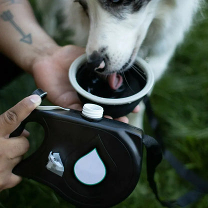 Pet+ presents Multifunctional Pet Leash With built in water bottle, collapsible bowl, waste bag dispenser, and hook for used bags | Pet Accessories | Smart Pet Supplies