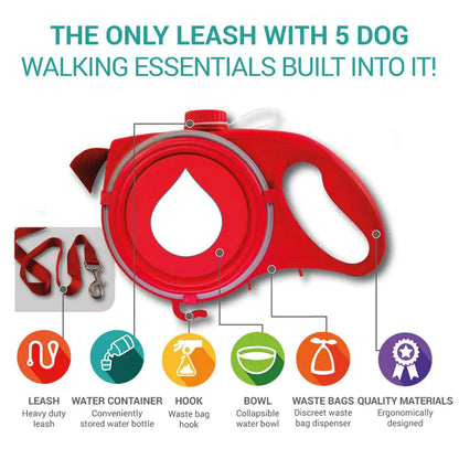 Pet+ presents Multifunctional Pet Leash With built in water bottle, collapsible bowl, waste bag dispenser, and hook for used bags | Pet Accessories | Smart Pet Supplies