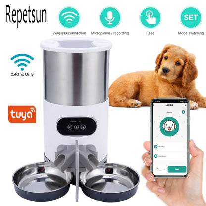 Pet+ presents Smart Wi-Fi Pet Feeder | Single Feeder | Double Feeder | Button and App (Android and IOS) Operated | For Dogs and Cats